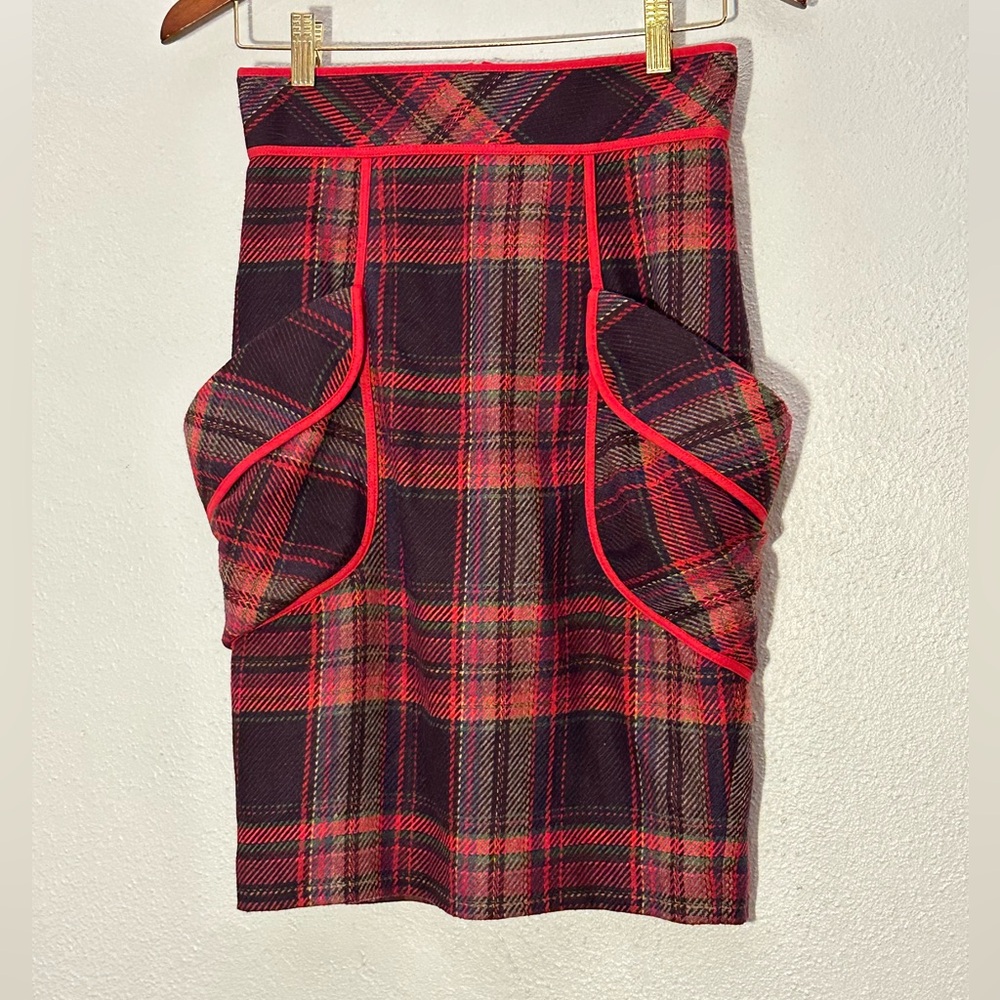 PLENTY by Tracy Reese Anthropologie Wool Midi Skirt Red Black Plaid Pockets SZ 2 - Picture 3 of 16